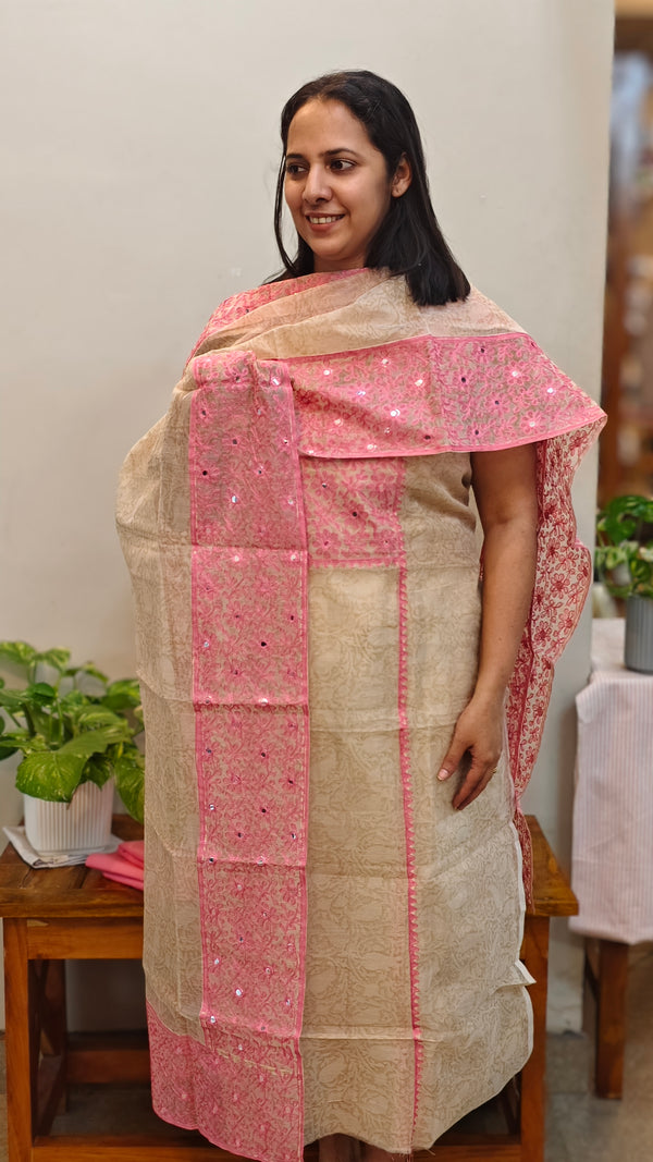 beige and pink net kota suit