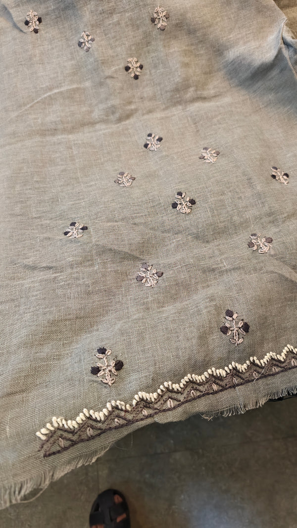 Grey linen suit with emboidered yoke