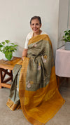 4009 - Olive green and golden mustard checked tussar silk saree
