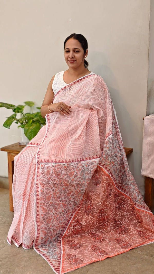 V220 - Peach printed kota saree with chikankari palla
