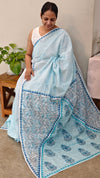V220 - Blue printed net kota saree with chikankari palla