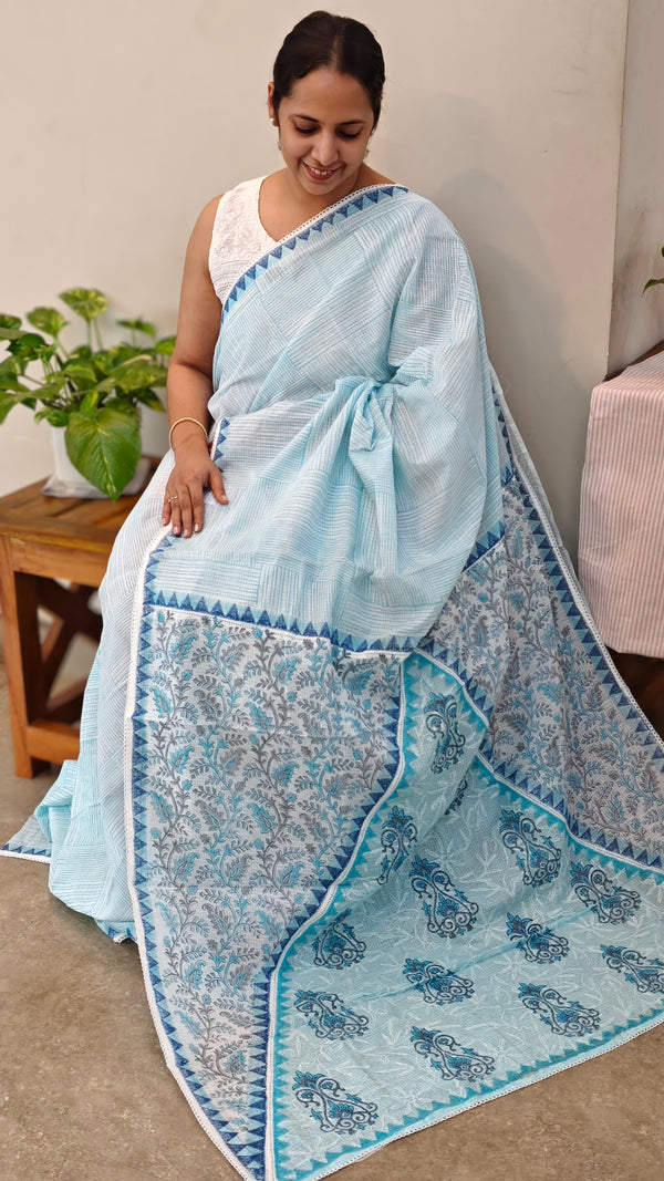 V220 - Blue printed net kota saree with chikankari palla