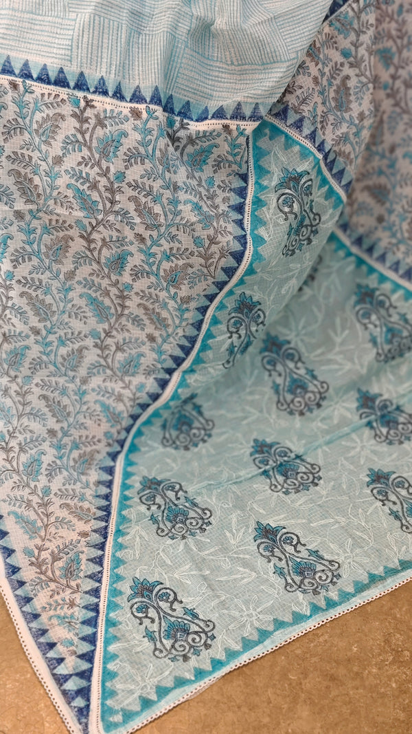 V220 - Blue printed net kota saree with chikankari palla