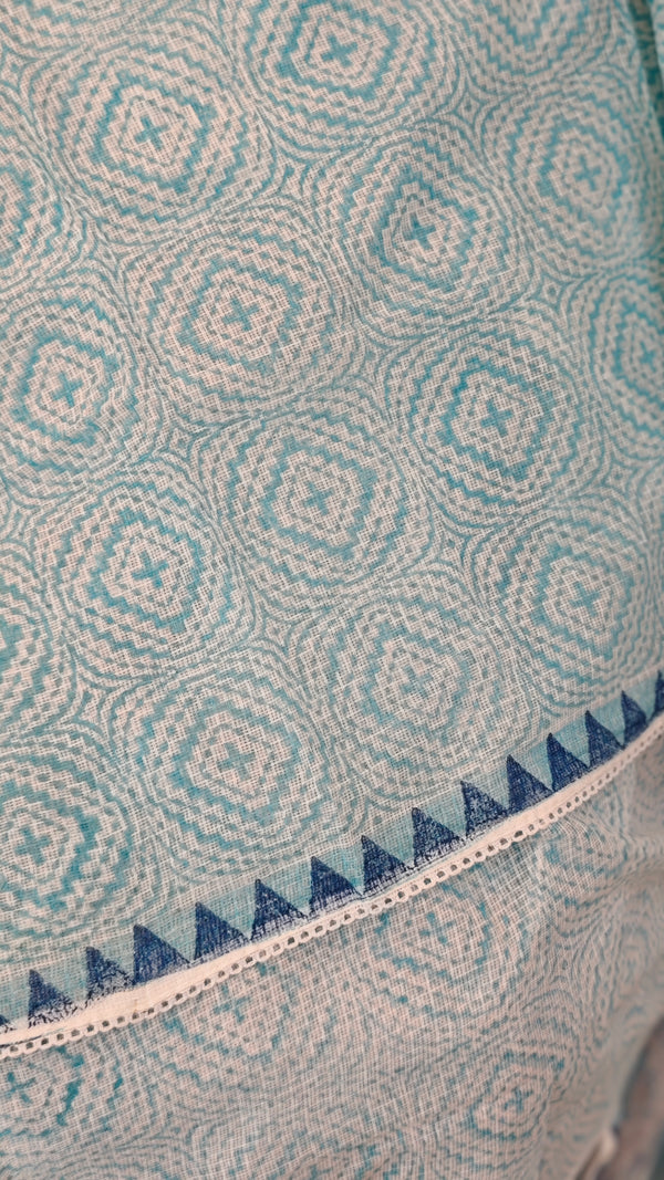 V220 - Blue printed net kota saree with chikankari palla