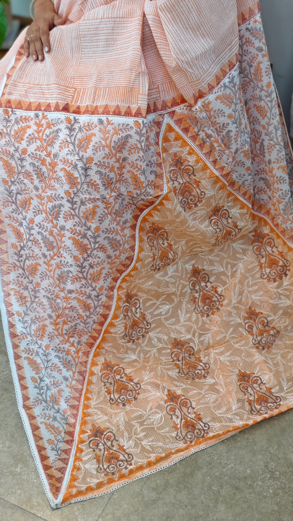V220 - Orange printed net kota saree with chikankari palla