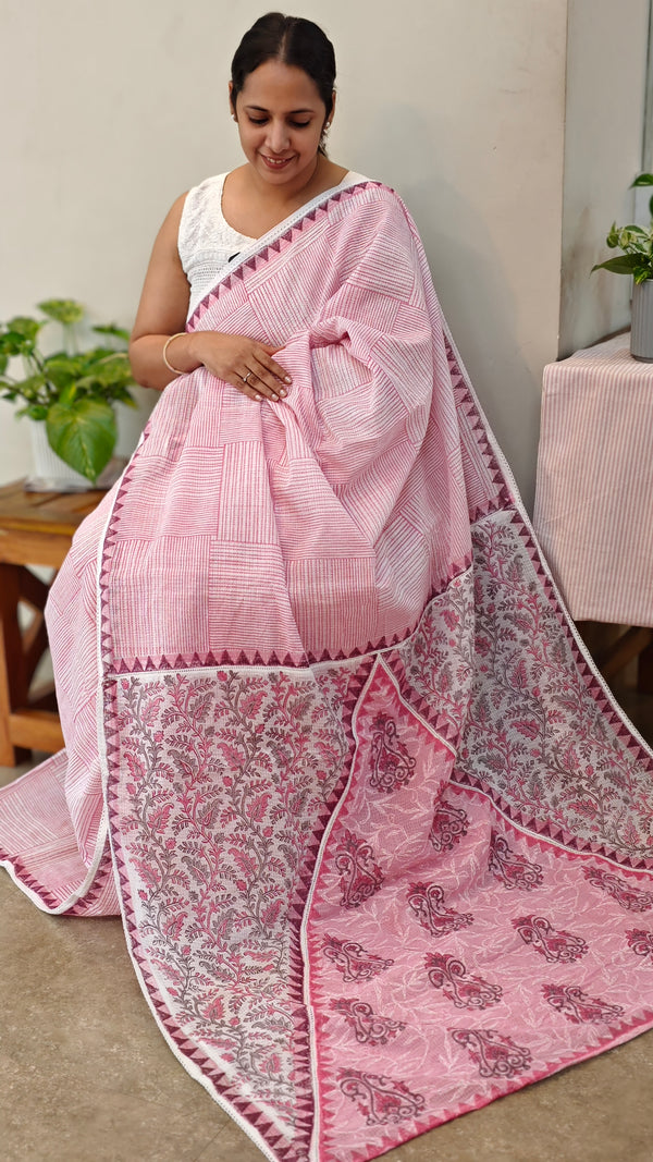 V220 - Pink printed net kota saree with chikankari palla