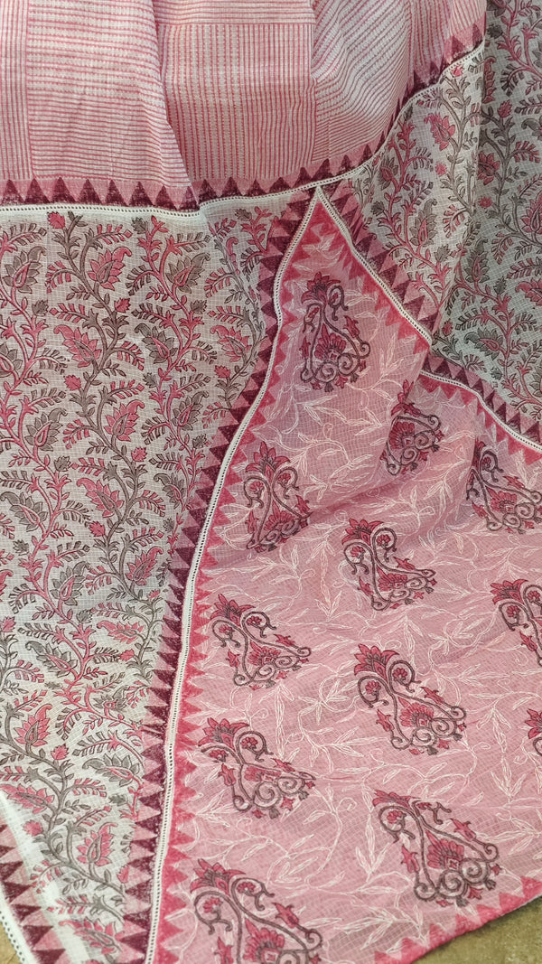 V220 - Pink printed net kota saree with chikankari palla