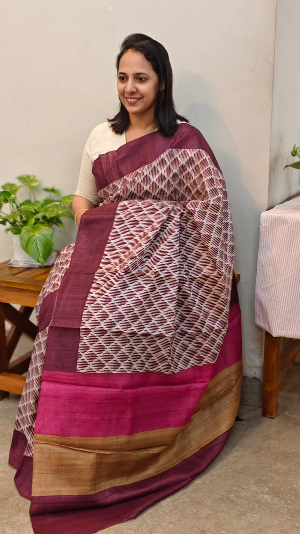 Wine shade block printed desi tussar silks saree