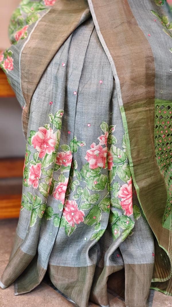 Bluish grey tussar floral printed tussar silk saree with cutwork pallu