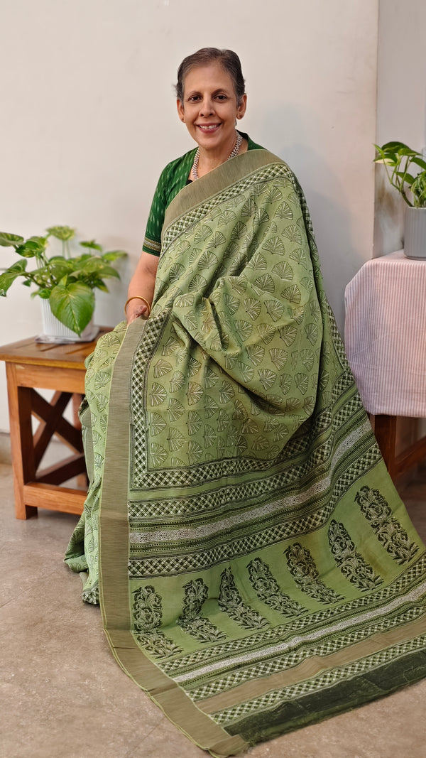 Green maheshwari block printed saree
