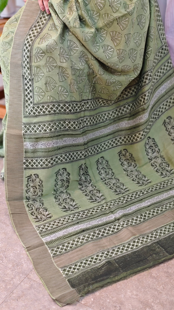 Green maheshwari block printed saree