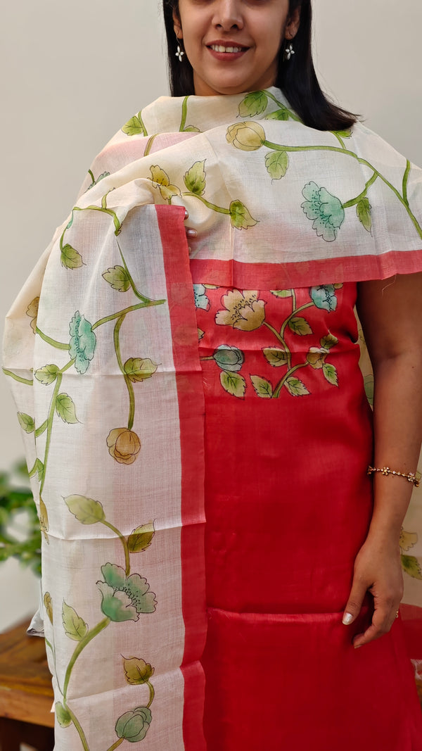 Chilli red kalamkari tussar silk suit