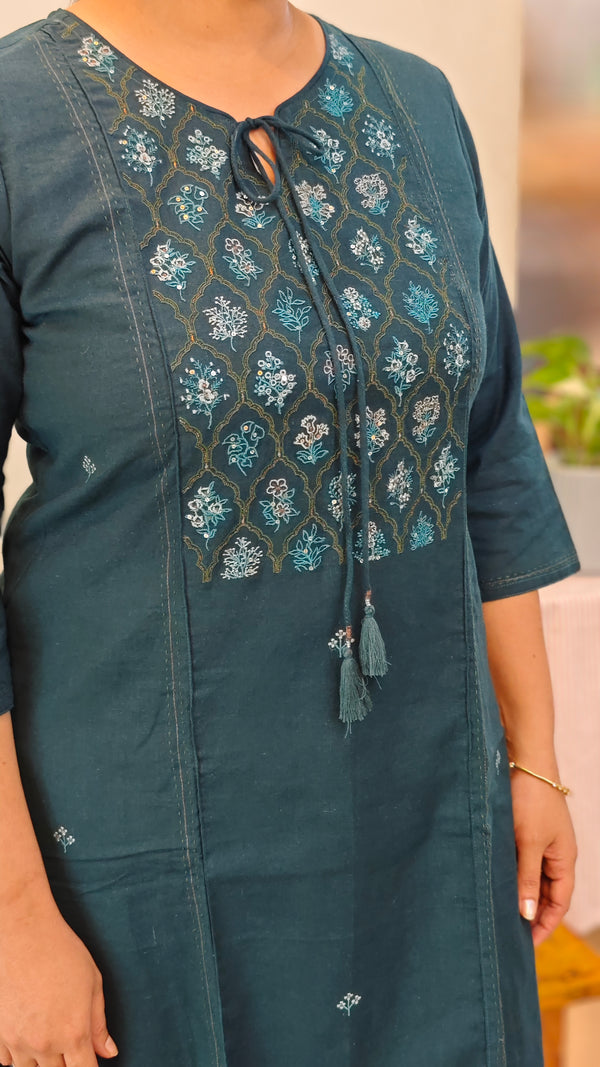 Bluish green cotton kurthi set