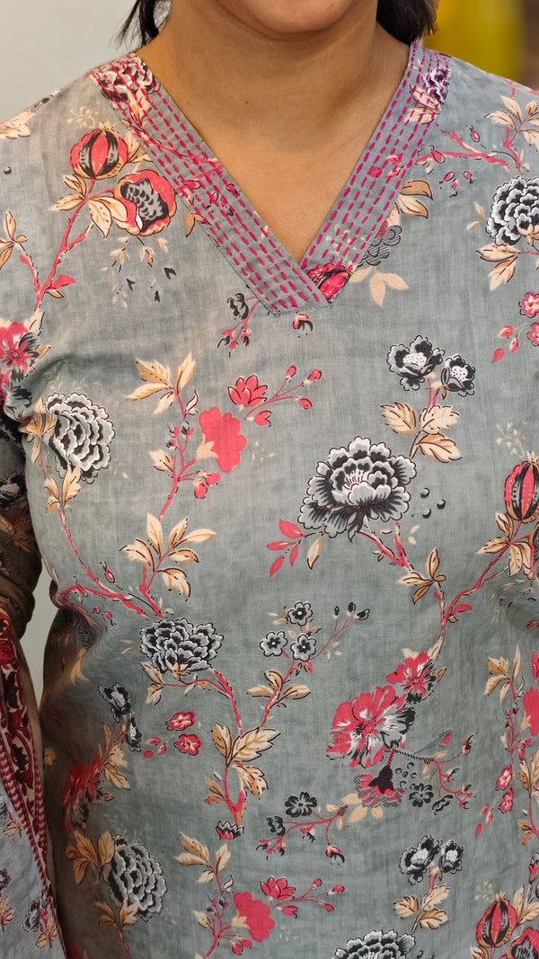 Printed grey cotton kurti set