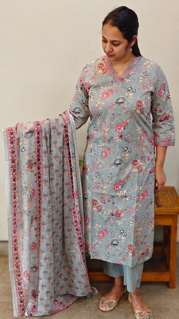 Printed grey cotton kurti set