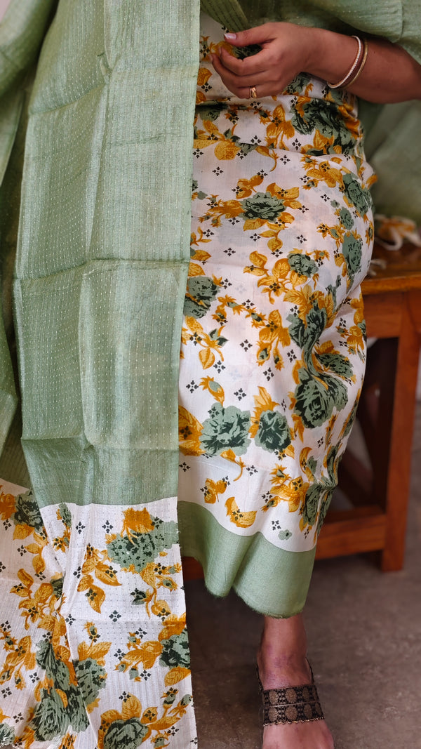 Floral printed tussar silk suit - Mustard and sage green