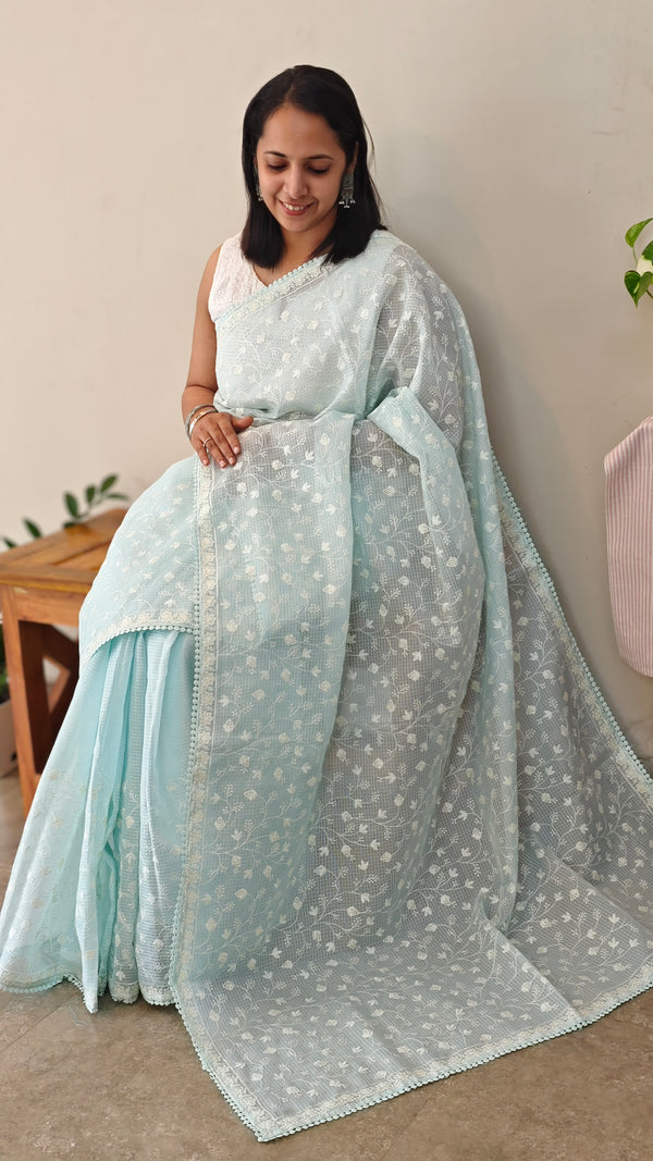 Baby blue embroidered net kota saree