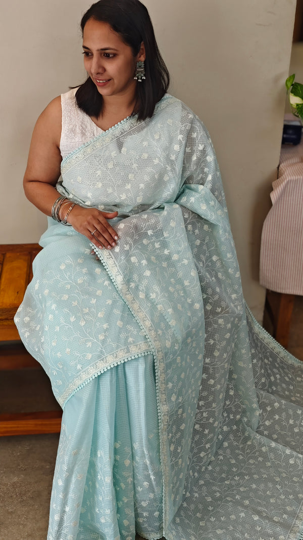Baby blue embroidered net kota saree