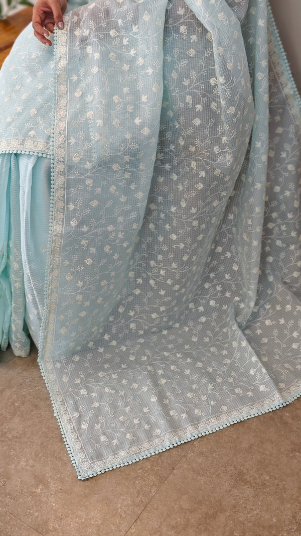 Baby blue embroidered net kota saree