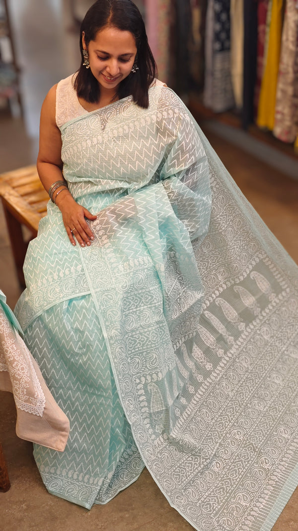 Powder blue net kota saree