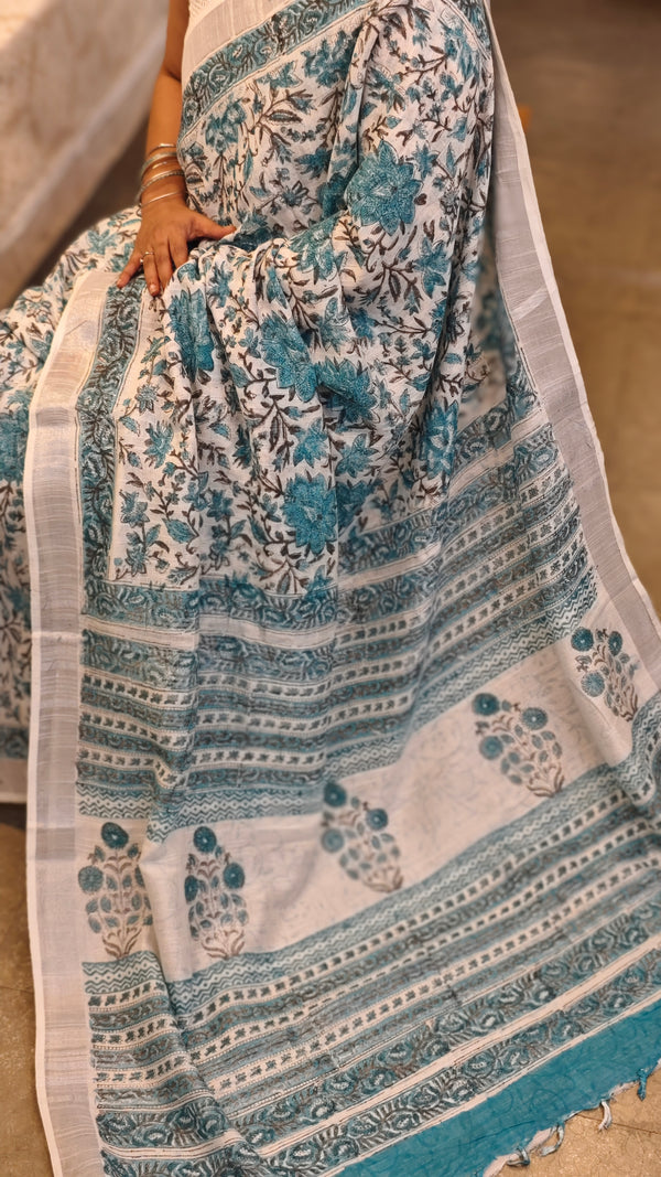Off white and teal printed linen cotton saree
