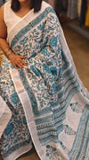 Off white and teal printed linen cotton saree