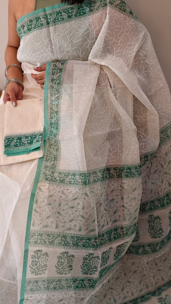 White Block printed NetKota saree