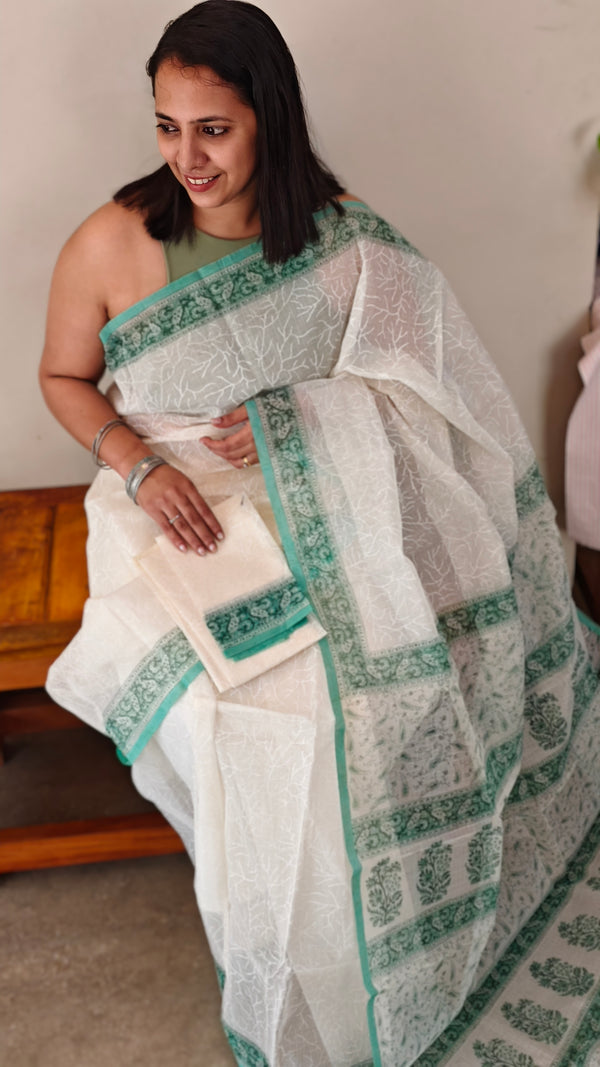 White Block printed NetKota saree