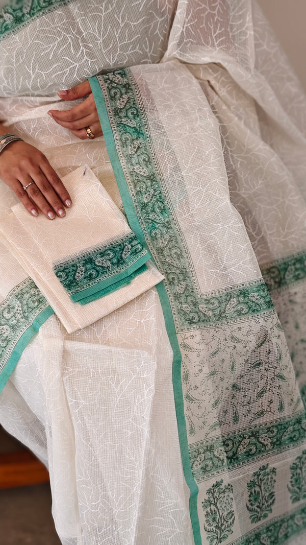 White Block printed NetKota saree