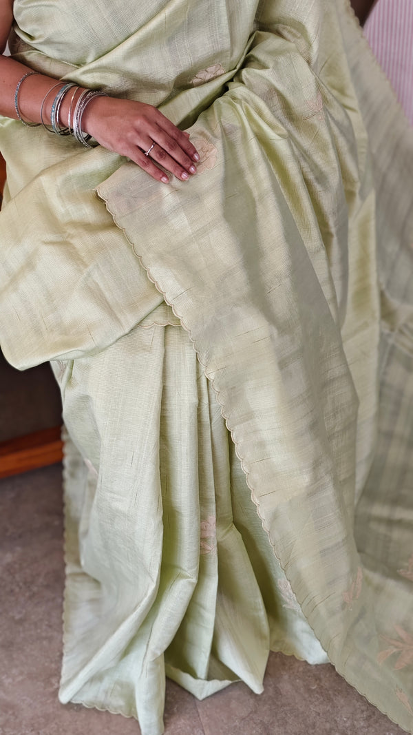 Pista Green Semi Silk Applique Saree