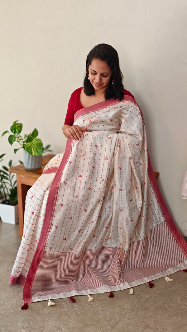 Semi tussar off white and red saree