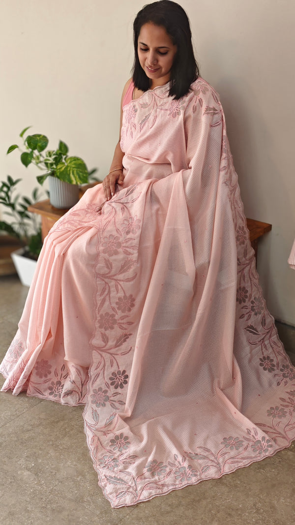 Baby pink silky kota applique saree