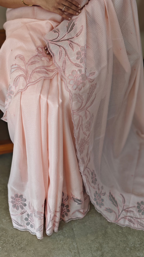 Baby pink silky kota applique saree