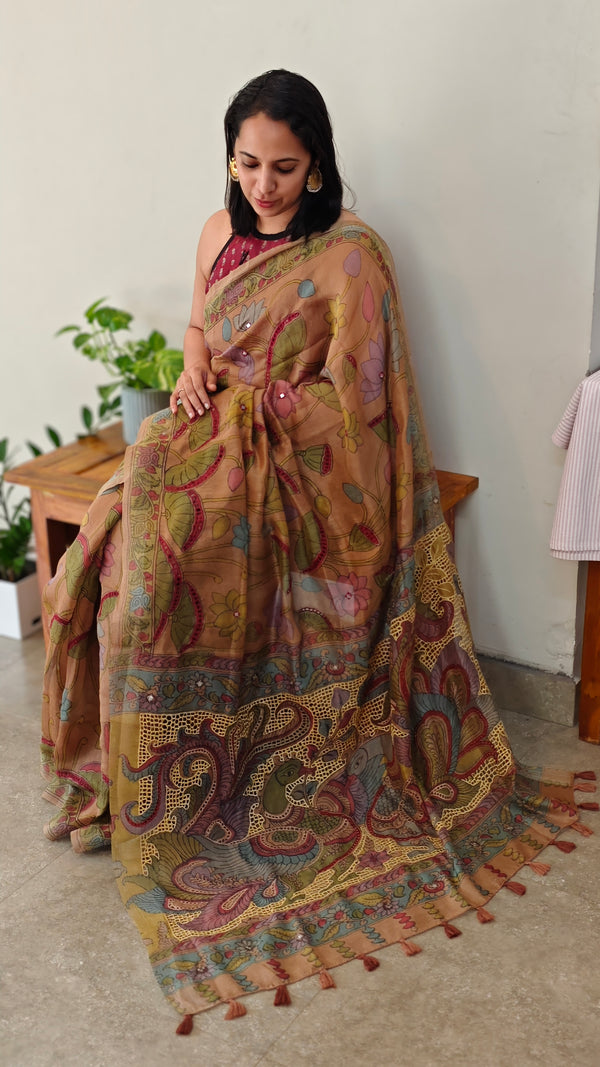 Kalamkari printed linen cutwork saree