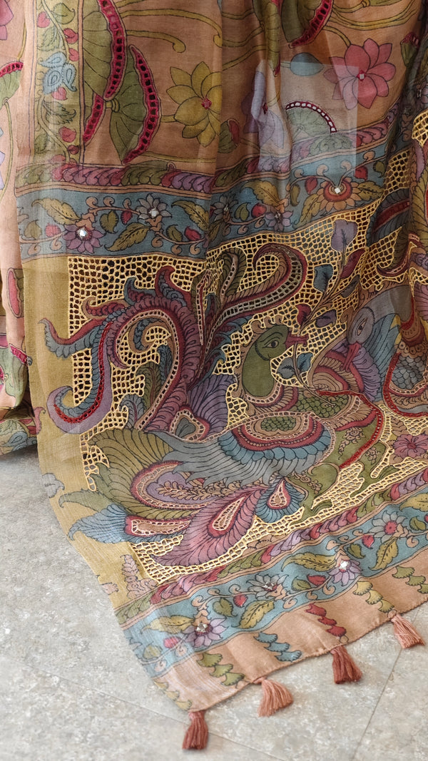 Kalamkari printed linen cutwork saree