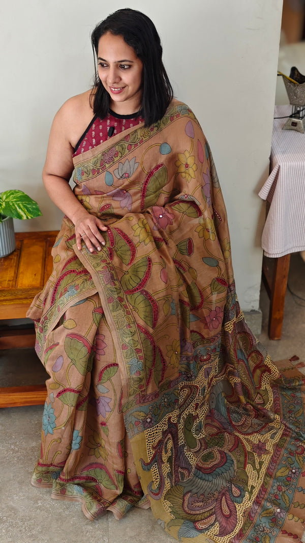 Kalamkari printed linen cutwork saree