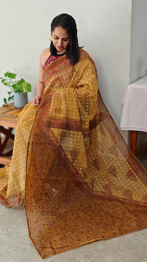 Hakoba kota brown and mustard saree