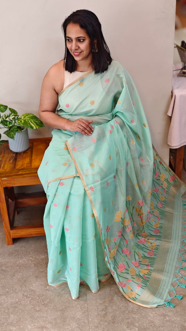 D311 - Teal green Jamdani saree