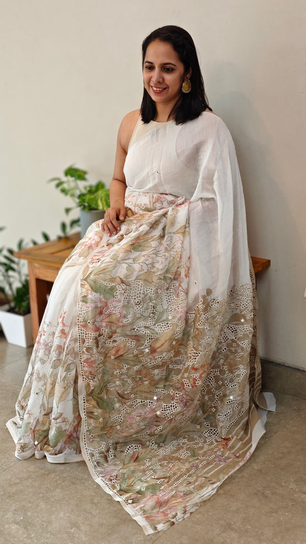Milky white linen chanderi cutwork saree