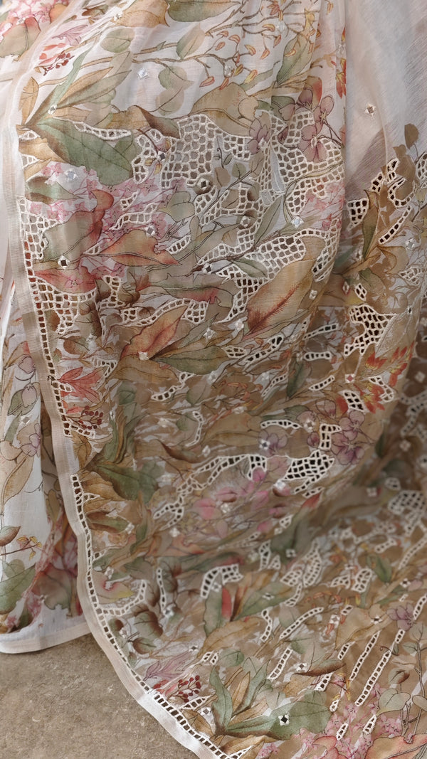 Milky white linen chanderi cutwork saree