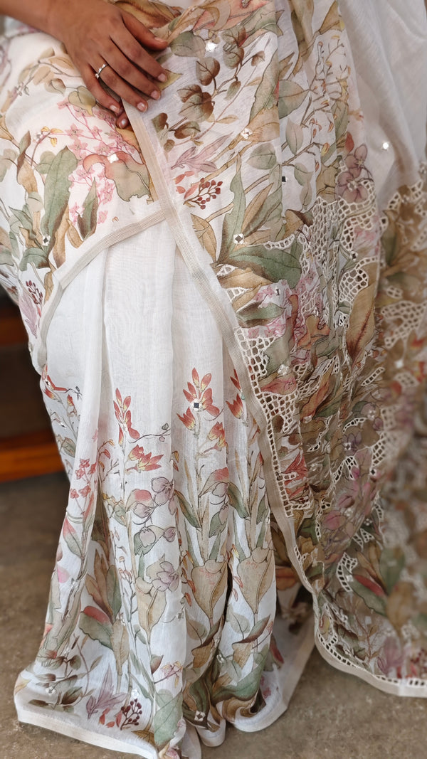 Milky white linen chanderi cutwork saree