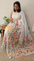 White floral printed linen chanderi cutwork saree