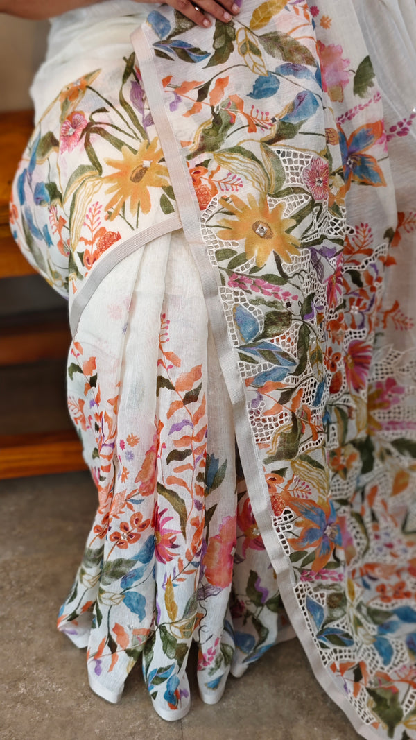 White floral printed linen chanderi cutwork saree