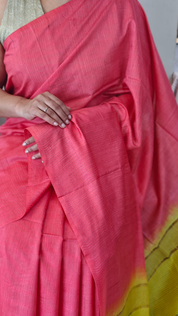 Pink and yellow bhagalpuri silk saree