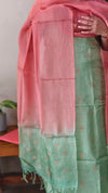 Green and peach zari embroidered tussar silk suit