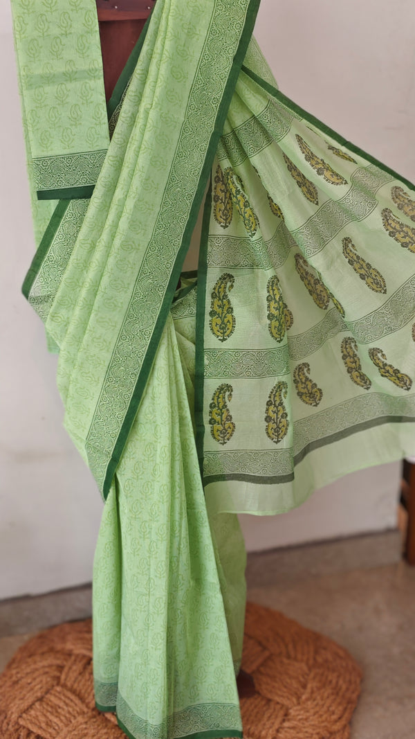 Light green block printed net kota saree