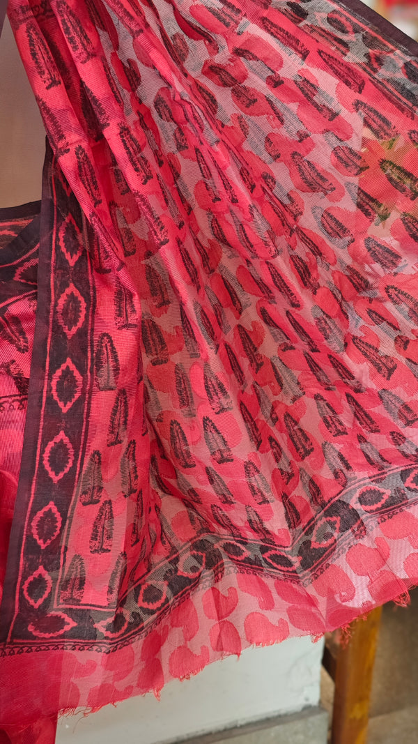 Dark red block printed net kota saree