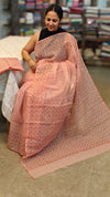 Peach block printed net kota saree