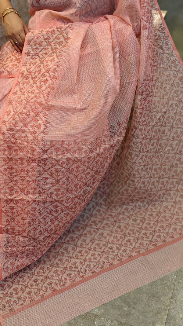 Peach block printed net kota saree