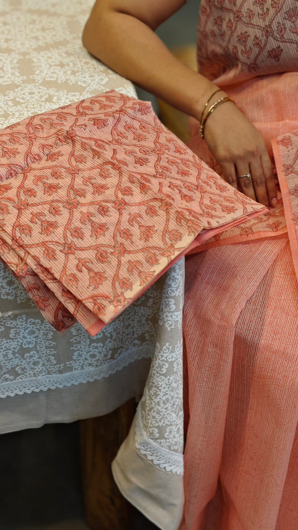 Peach block printed net kota saree